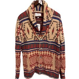 Sun + Stone Cardigan Sweater Aztec Western Print Striped Tan Knit - Men XL NWT